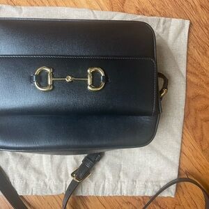 GUCCI small HORSEBIT Black Crossbody Bag with Gold Accents.